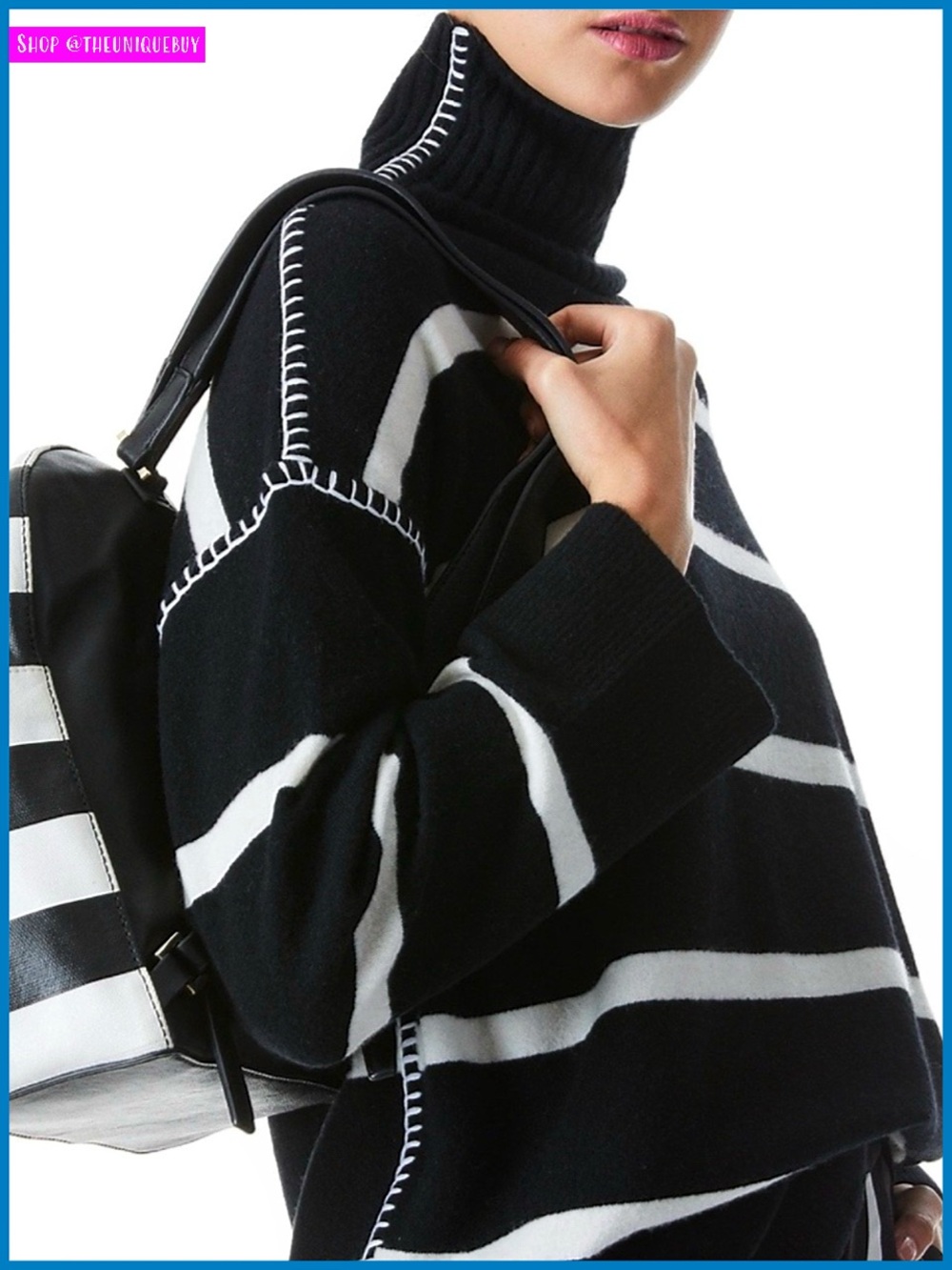 Alice + Olivia Bobbie Black White Striped Wool and Cashmere Blend Tunic Sweater